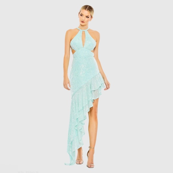 Mac Duggal Dresses & Skirts - NWT $298 MAC DUGGAL Blue Sequined Halter Cut Out Ruffle Asymmetrical Dress Gown